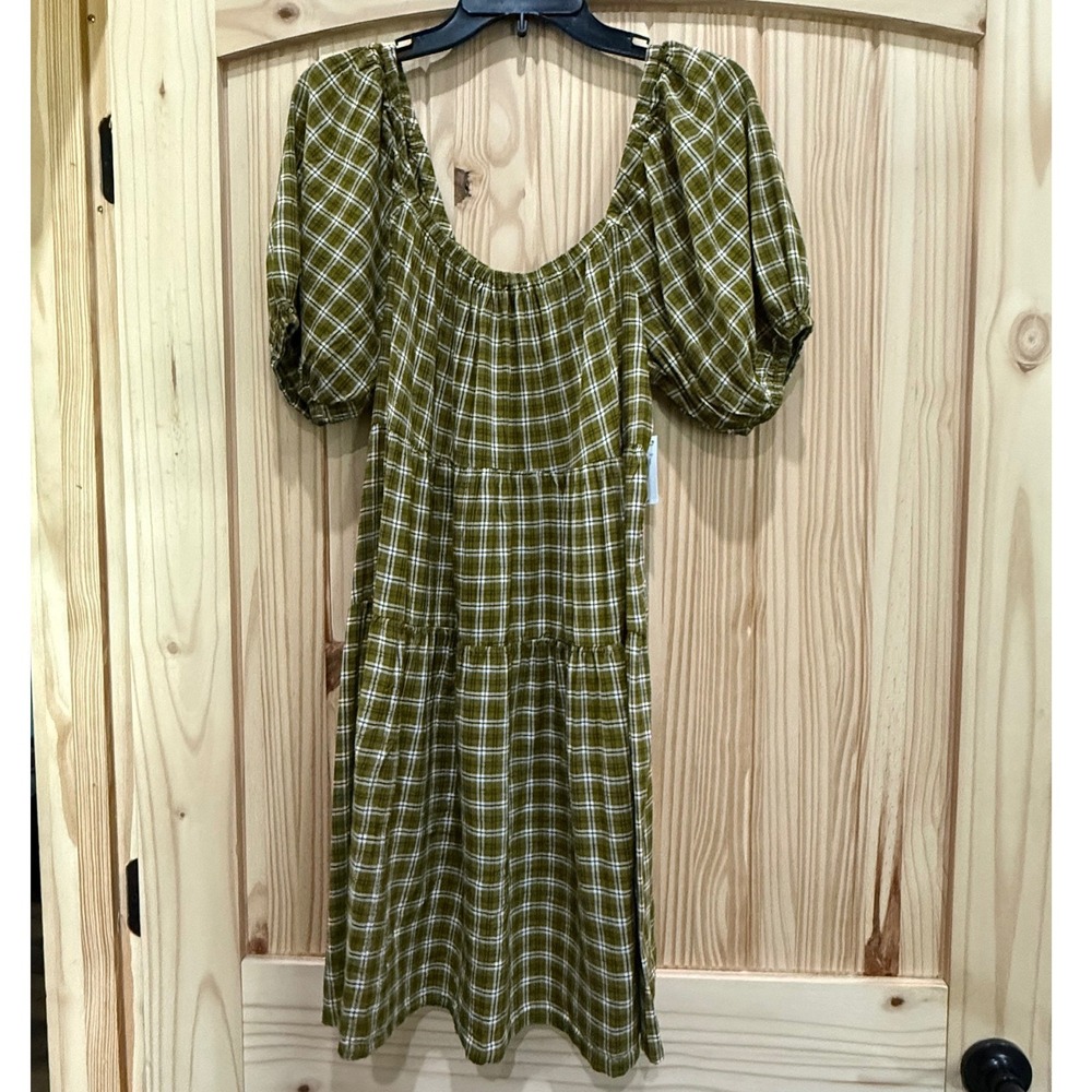 Old Navy Women Green Plaid Tiered Mini Dress Puff Sleeve 908844-01-1 Size M NWT
